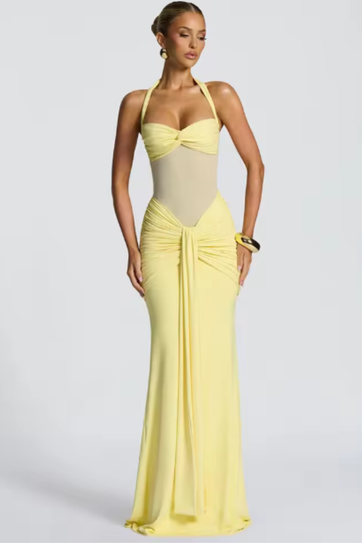 Women's Maxi Dress Ruched Sleeveless Halter Neck Backless A-Line