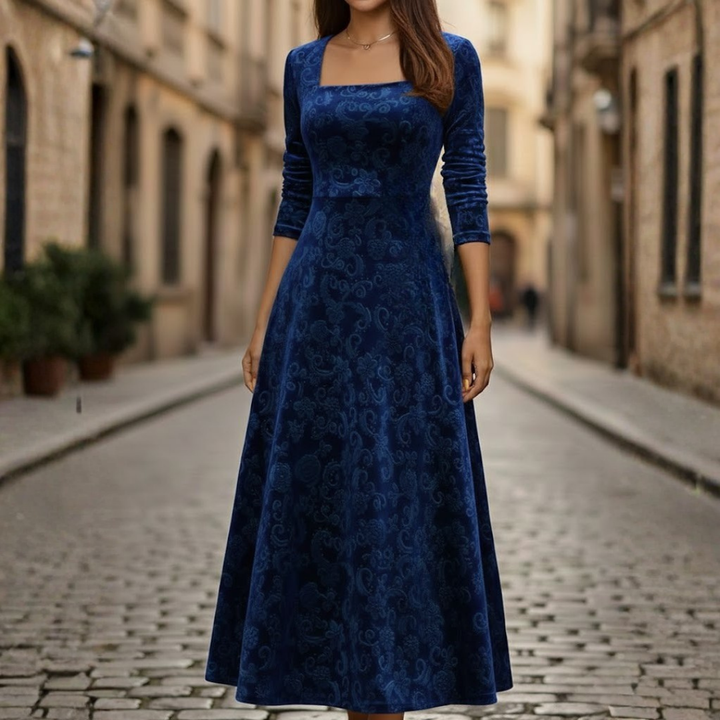 Women Floral Velvet Midi Dress Three Quarter Sleeve