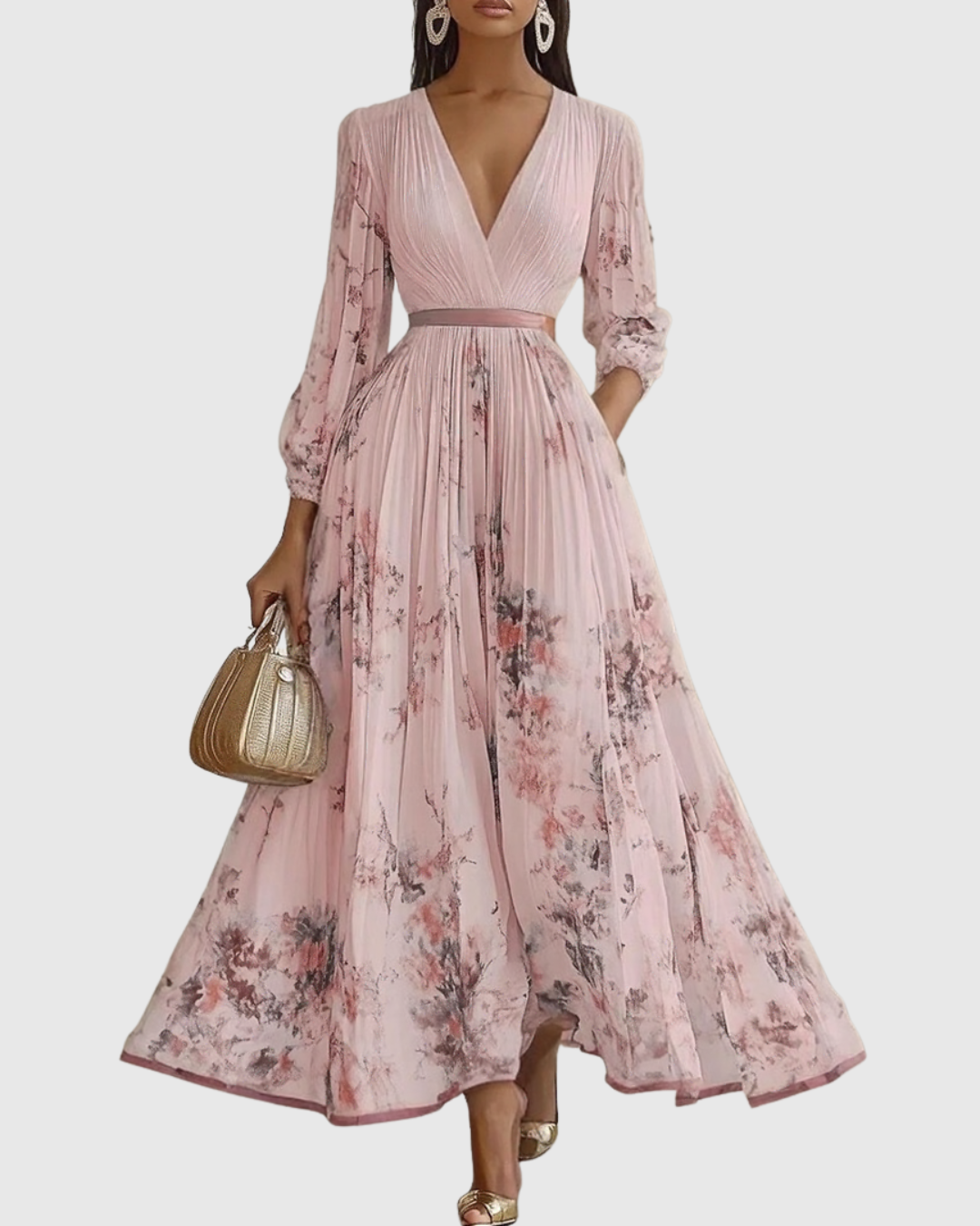 Women's Maxi Dress Satin Pleated V-Neck Long Sleeve Adjustable Waist