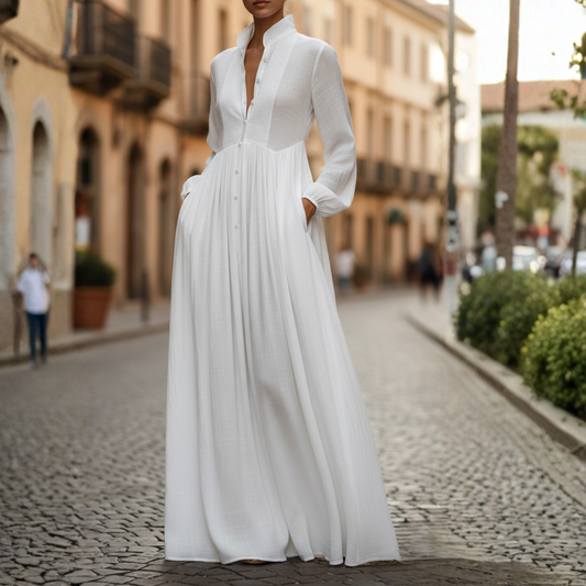 Vestido largo de algodón y lino con parches, cuello alto y mangas largas para mujer
