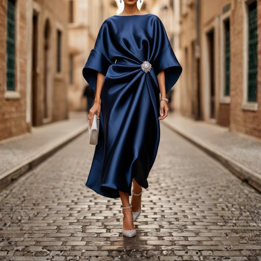 Robe mi-longue pour femme col en V manches coudes jupe évasée