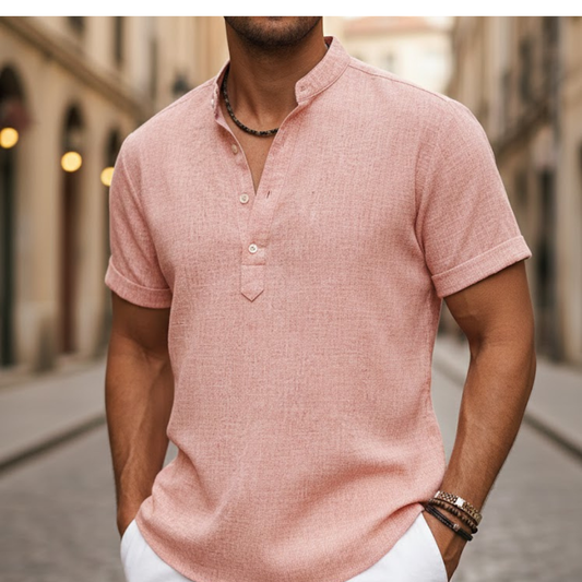 Camisa de manga corta para hombre de mezcla de lino con cuello henley