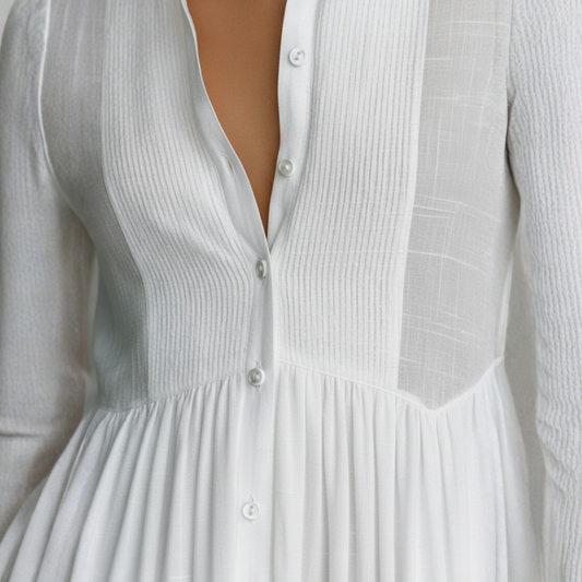 Vestido largo de algodón y lino con parches, cuello alto y mangas largas para mujer