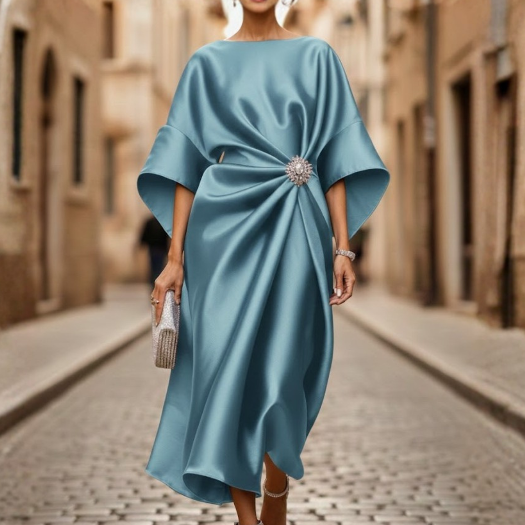 Robe mi-longue pour femme col en V manches coudes jupe évasée