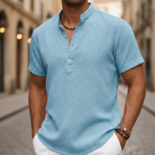 Camisa de manga corta para hombre de mezcla de lino con cuello henley