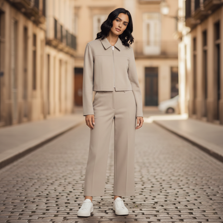 Conjunto de traje chaqueta corta con cremallera pantalones de pierna recta para mujer beige