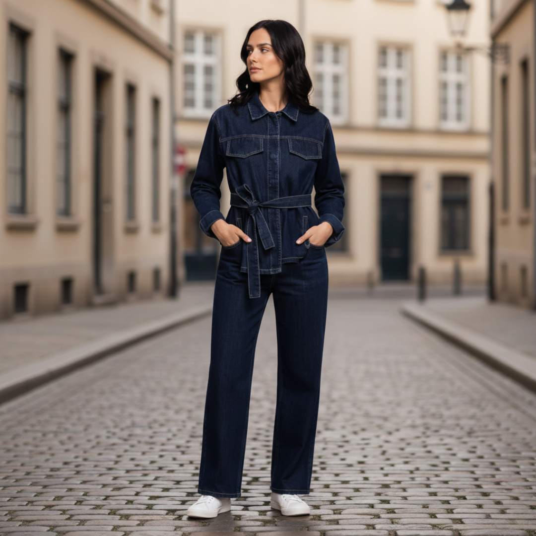 Conjunto de mezclilla Chaqueta con botones delanteros Pantalones rectos para mujer Azul marino