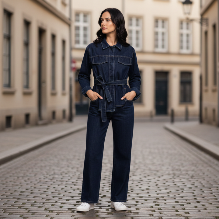 Conjunto de mezclilla Chaqueta con botones delanteros Pantalones rectos para mujer Azul marino