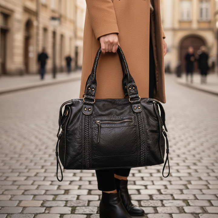 Handbag Satchel Leather Zippered Pockets Braided Black Women