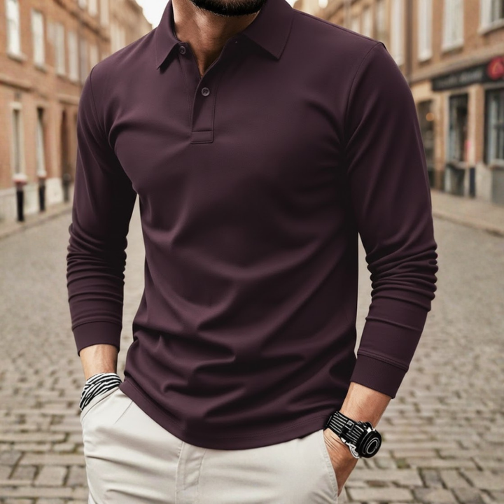 Camiseta de manga larga para hombre, tipo polo, color sólido, ajuste holgado, tela de poliéster