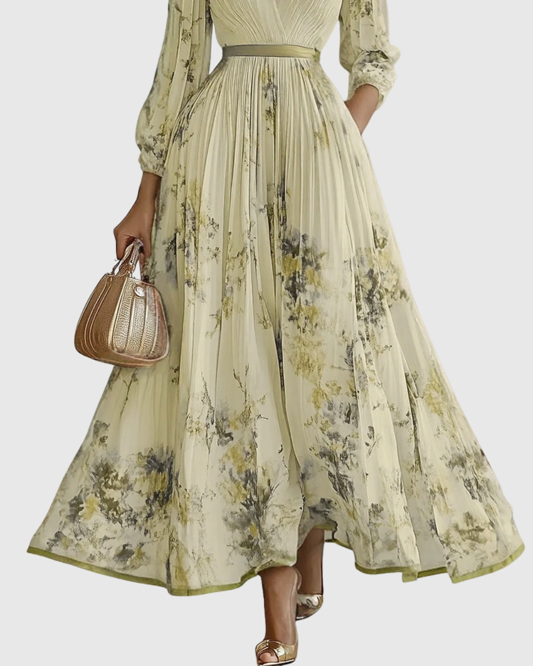 Women's Maxi Dress Satin Pleated V-Neck Long Sleeve Adjustable Waist