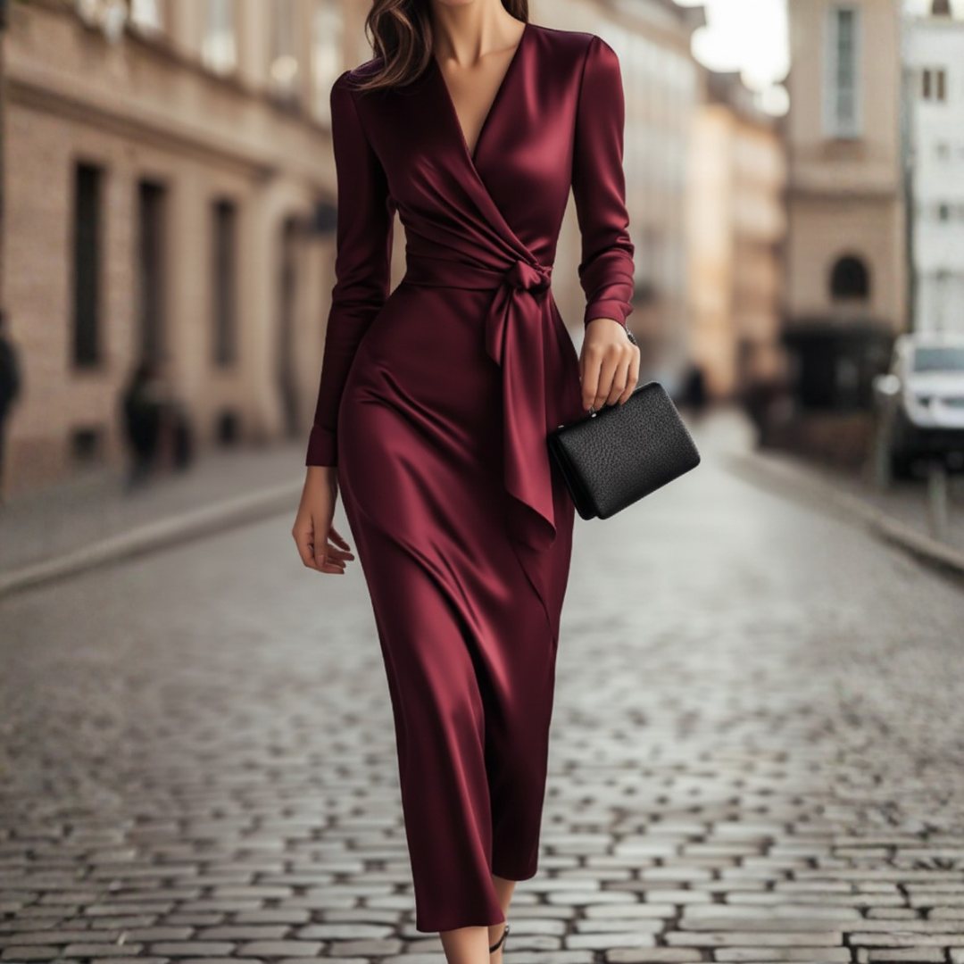 Women Burgundy Satin Wrap Midi Dress