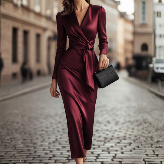 Robe midi portefeuille en satin bordeaux pour femme