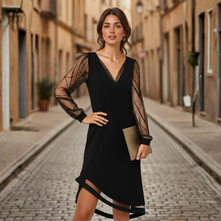 Vestido de cóctel con escote en V, lentejuelas transparentes, manga larga de malla para mujer, negro