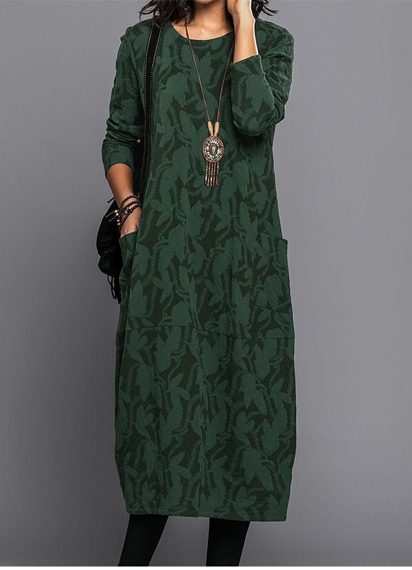 Women's Midi Dress Cotton Blend Floral Long Sleeve Round Neck Relaxed Fit With Pockets – Casual Work