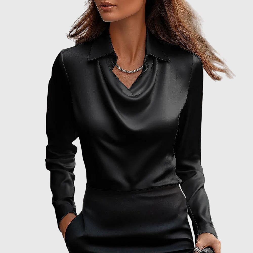 Women's Blouse Satin Button-Up Long Sleeve Pleated Collar