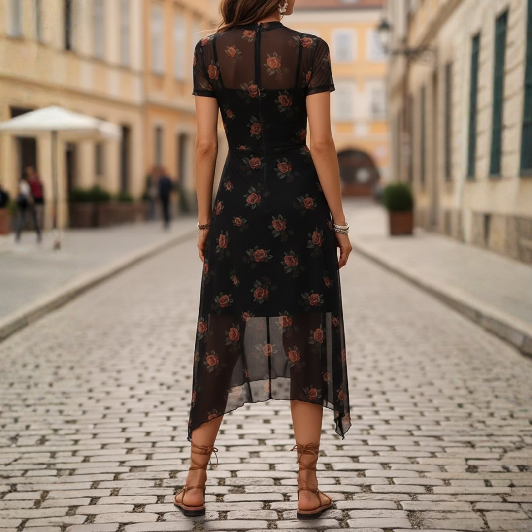 Vestido midi de malla con flores de rosa para mujer