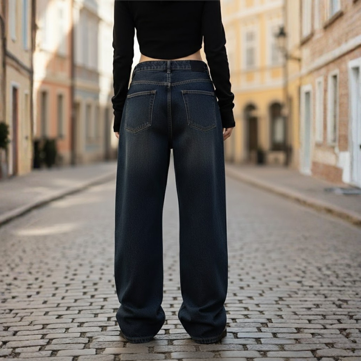 Women Boyfriend Jeans Cotton Blend Relaxed Fit Blue
