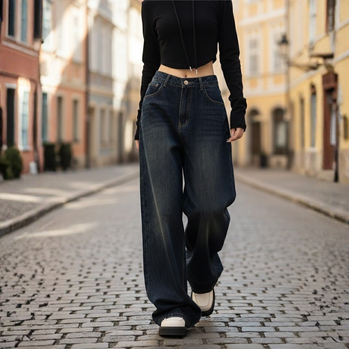 Women Boyfriend Jeans Cotton Blend Relaxed Fit Blue