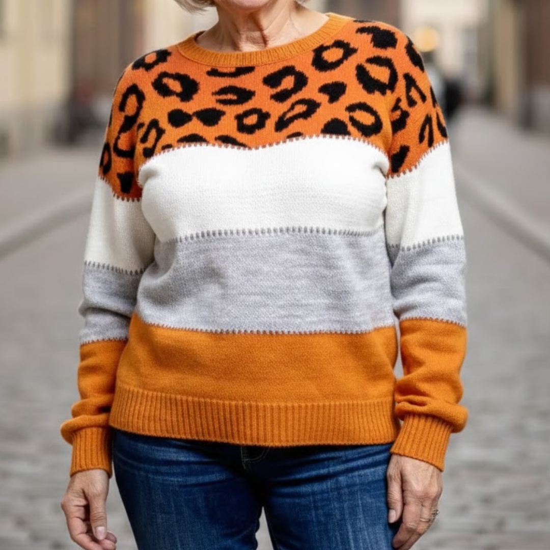 Women Leopard Print Knit Sweater Relaxed Fit Long Sleeve