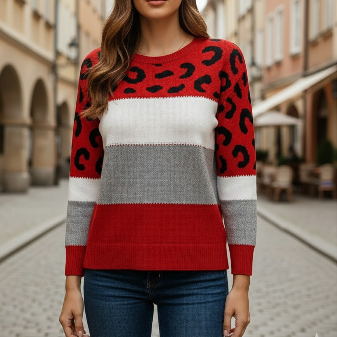Women Leopard Print Knit Sweater Relaxed Fit Long Sleeve