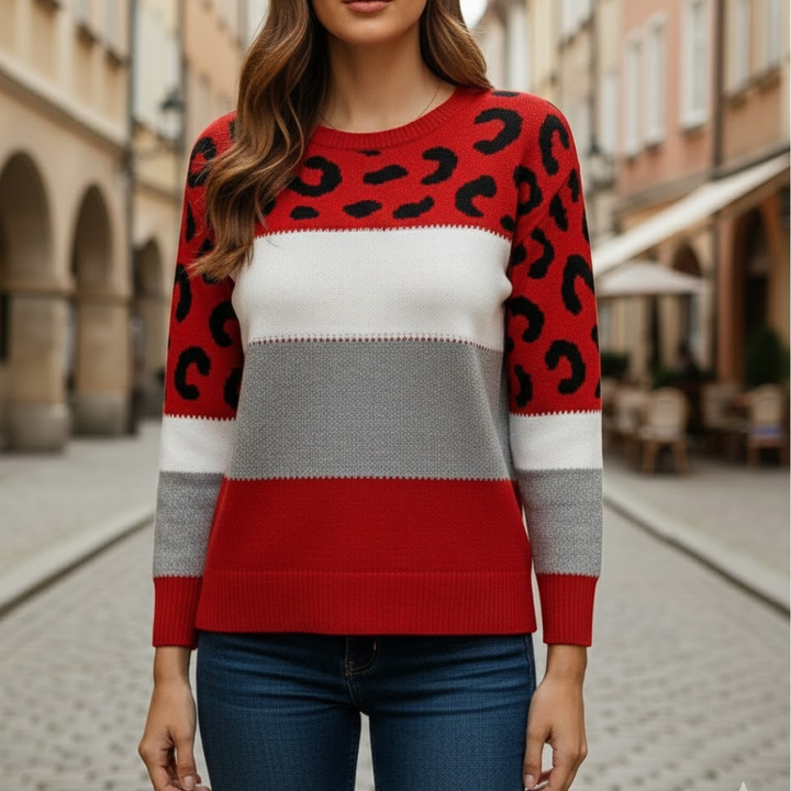Women Leopard Print Knit Sweater Relaxed Fit Long Sleeve