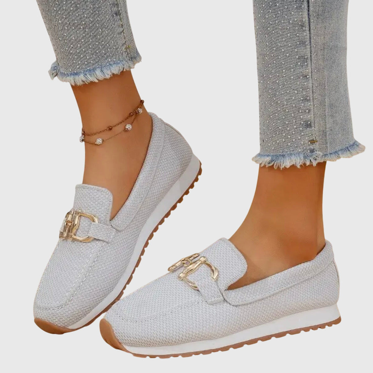 Mocasines ortopédicos para mujer, sin cordones, plantilla acolchada, suela de goma, detalle metálico