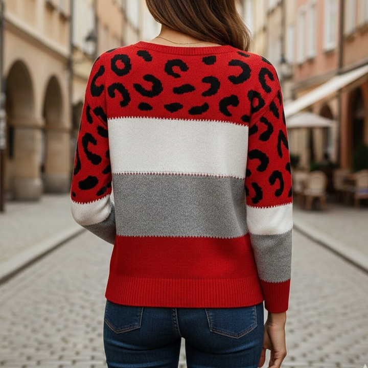 Women Leopard Print Knit Sweater Relaxed Fit Long Sleeve