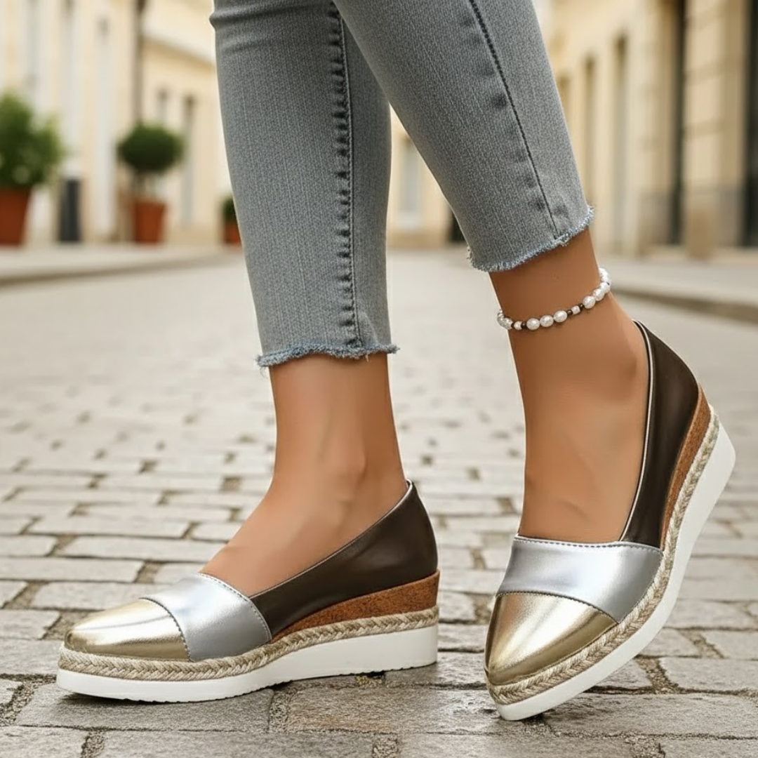 Women Wedge Sandals Metallic Finish Cushioned Sole