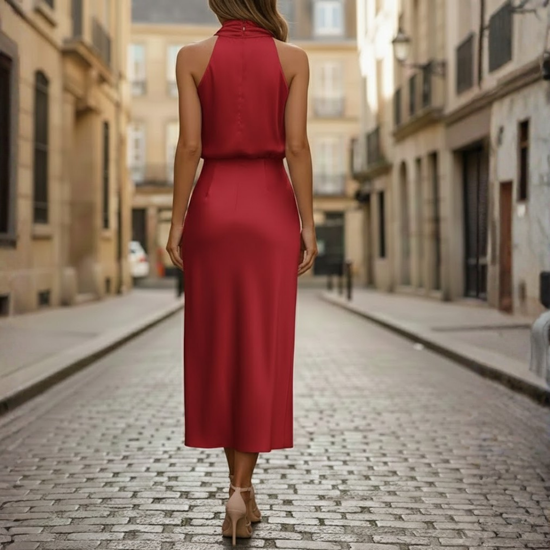 Vestido midi para mujer con cuello alto sin mangas de mezcla de algodón