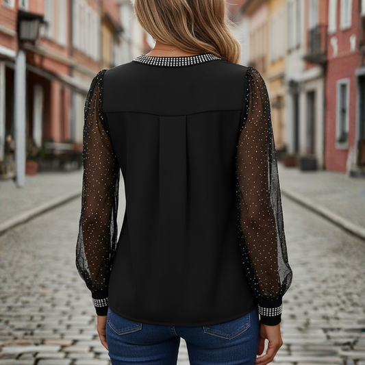Blusa de malla de manga larga con lentejuelas y pedrería negra para mujer