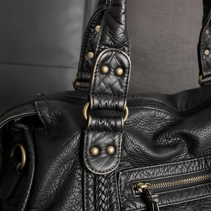 Handbag Satchel Leather Zippered Pockets Braided Black Women
