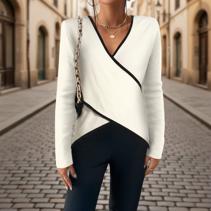 Pull à col en V, devant croisé, manches longues, tricoté, pour femme, blanc