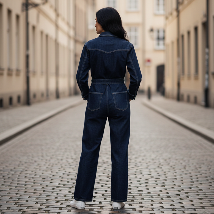 Conjunto de mezclilla Chaqueta con botones delanteros Pantalones rectos para mujer Azul marino
