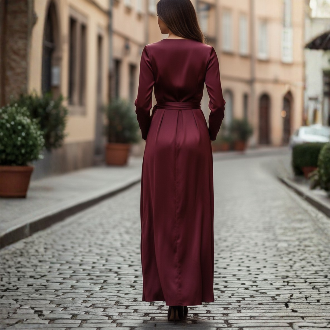 Women Burgundy Satin Wrap Midi Dress