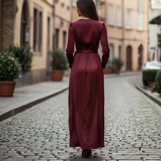 Robe midi portefeuille en satin bordeaux pour femme