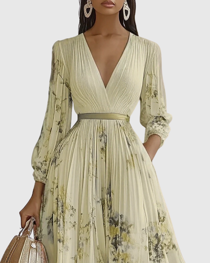 Women's Maxi Dress Satin Pleated V-Neck Long Sleeve Adjustable Waist