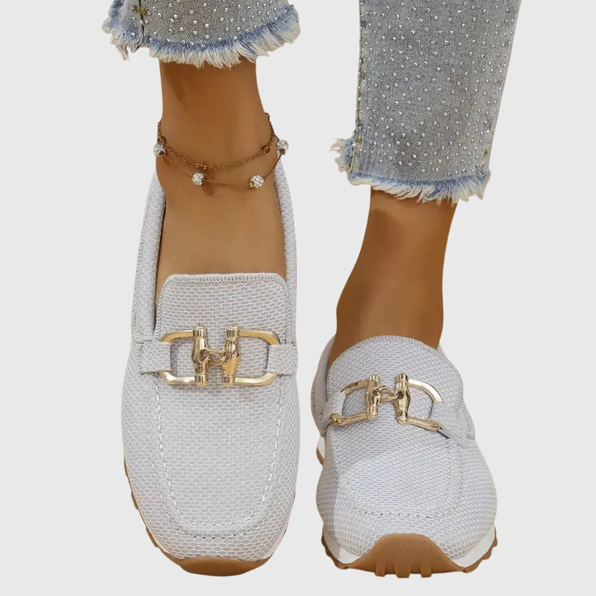 Mocasines ortopédicos para mujer, sin cordones, plantilla acolchada, suela de goma, detalle metálico