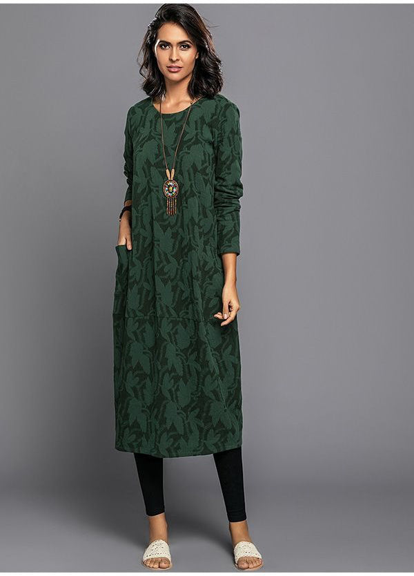 Women's Midi Dress Cotton Blend Floral Long Sleeve Round Neck Relaxed Fit With Pockets – Casual Work