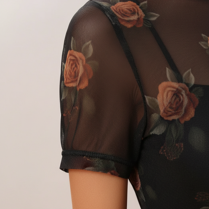 Vestido midi de malla con flores de rosa para mujer