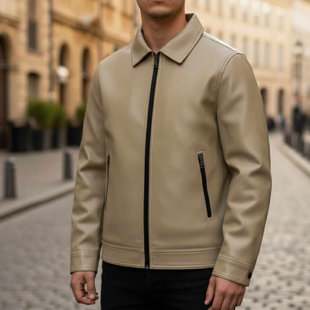 Chaqueta bomber de ante vegano para hombre con cuello acanalado y cremallera