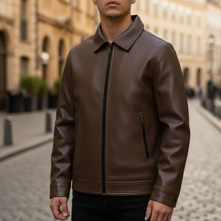 Chaqueta bomber de ante vegano para hombre con cuello acanalado y cremallera