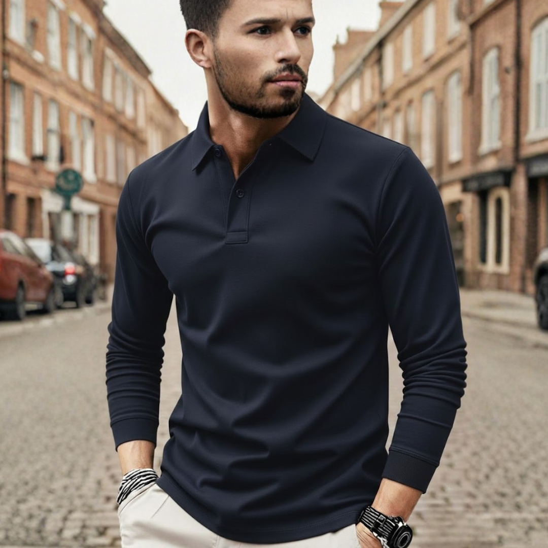 Camiseta de manga larga para hombre, tipo polo, color sólido, ajuste holgado, tela de poliéster