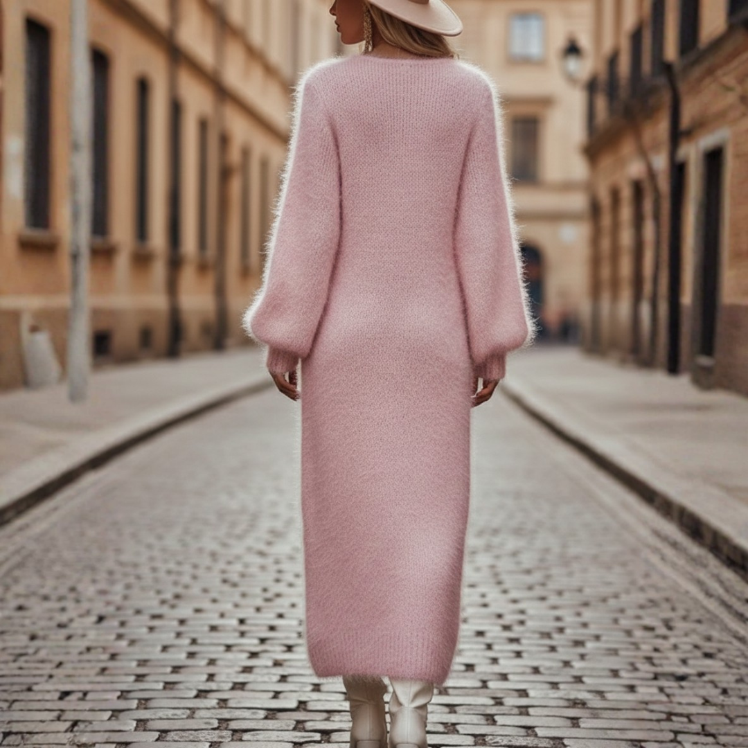 Knit Midi Dress Fuzzy V Neck Side Slit Long Sleeve Women