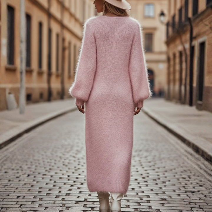 Knit Midi Dress Fuzzy V Neck Side Slit Long Sleeve Women