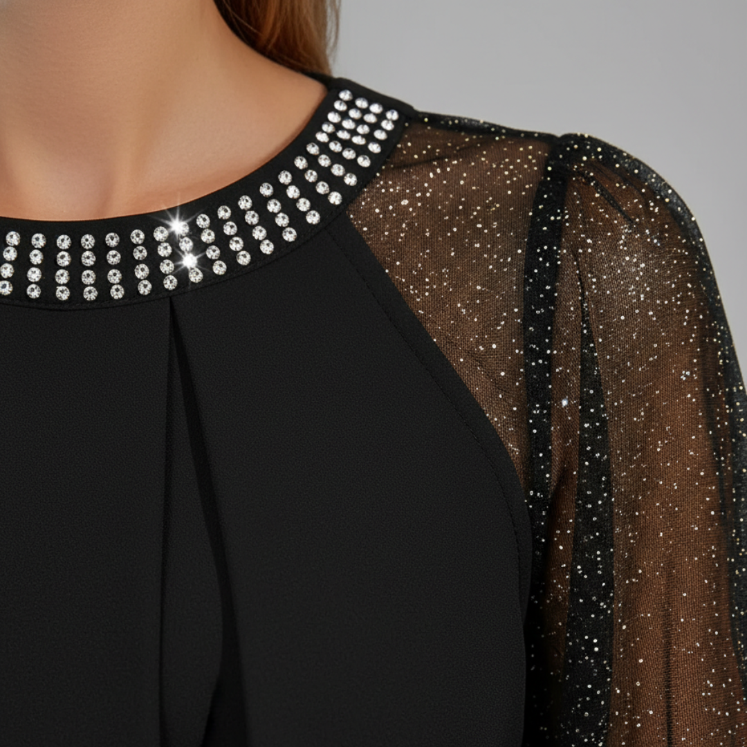 Blusa de malla de manga larga con lentejuelas y pedrería negra para mujer