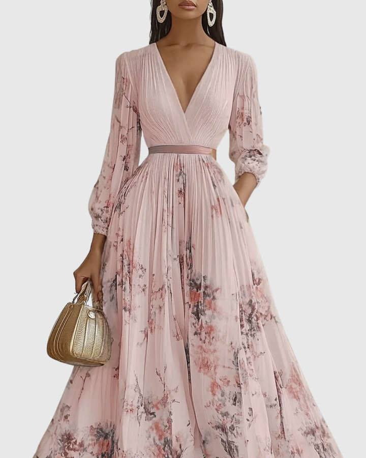 Women's Maxi Dress Satin Pleated V-Neck Long Sleeve Adjustable Waist