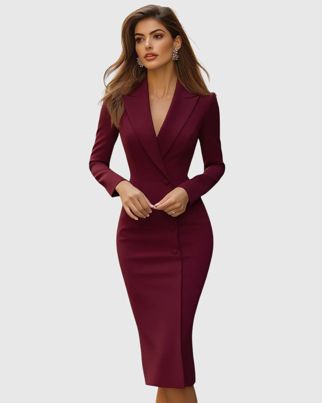Women's Midi Dress Tailored Blazer Style Long Sleeve Button Front Slim Fit – Formal Work