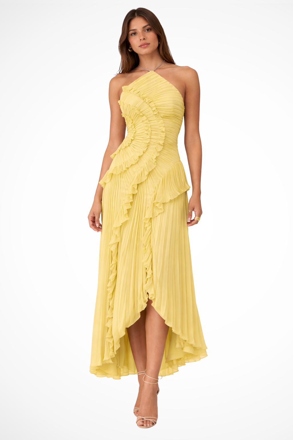 Vestido maxi para mujer con volantes, sin mangas, cuello halter y espalda descubierta, corte en línea A