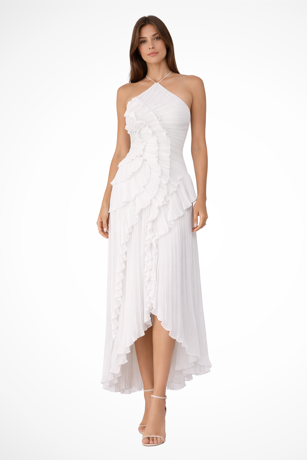 Vestido maxi para mujer con volantes, sin mangas, cuello halter y espalda descubierta, corte en línea A